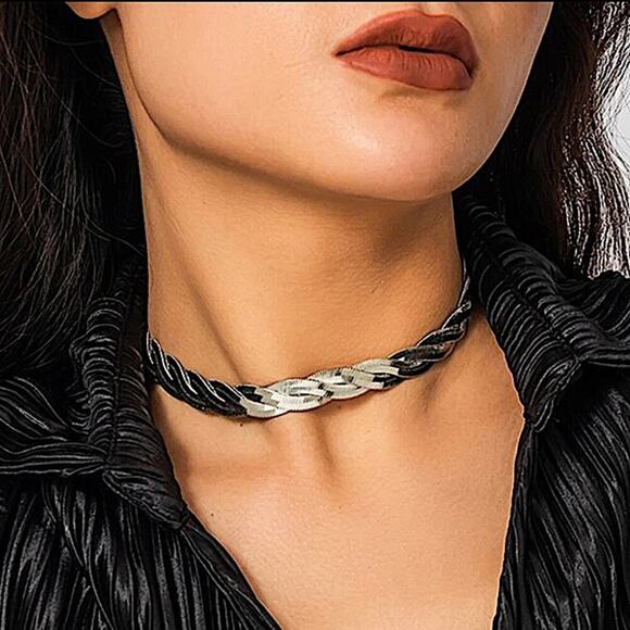 Twisted Sterling Silver Herringbone Choker Necklace - Picture 2 of 4